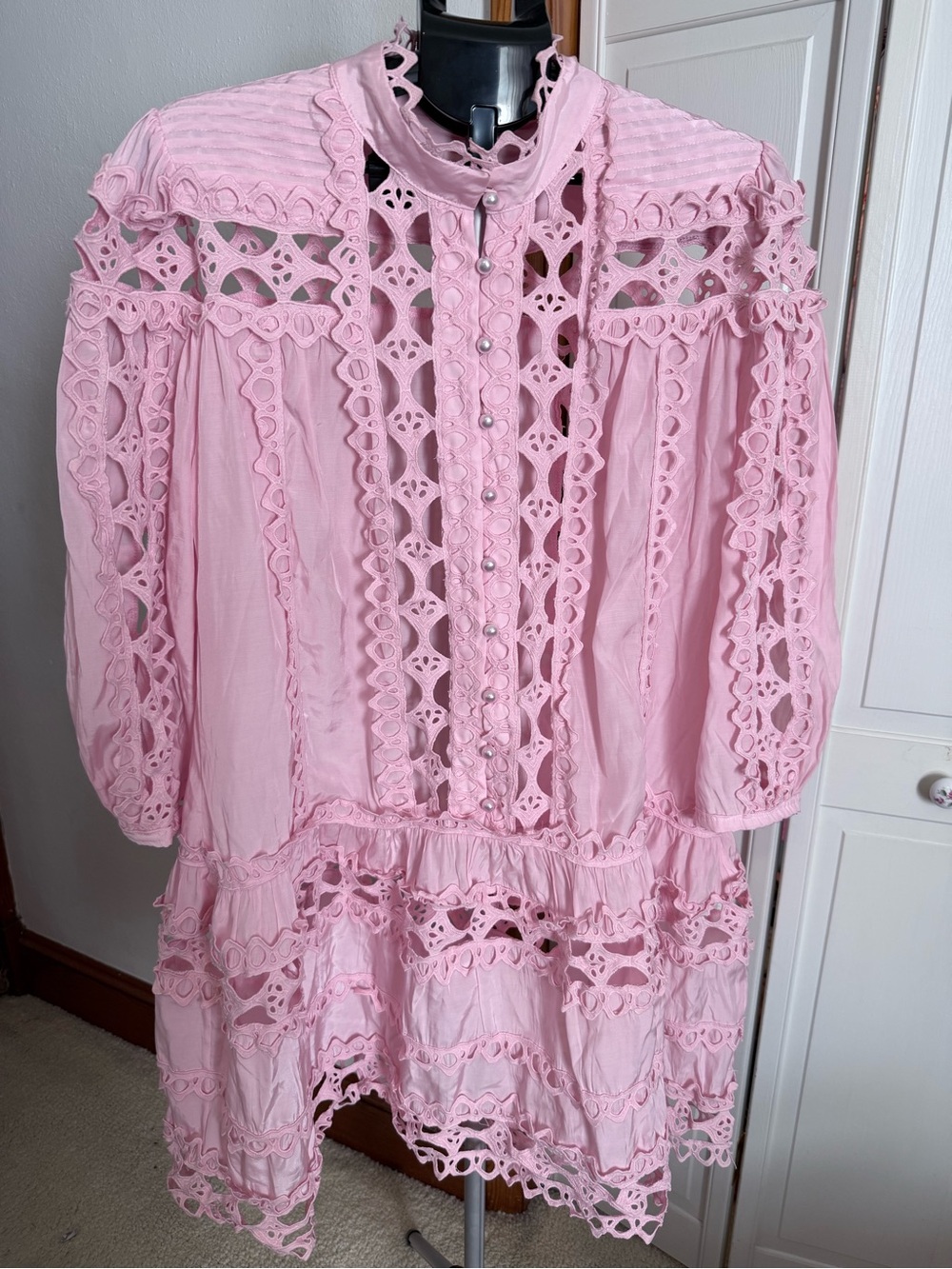 Pink lace romantic mini dress over layer size 1X see through 3/4 sleeve